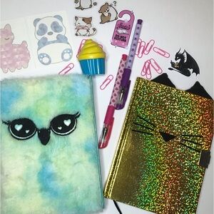 Journal set notebooks diary stationery diy cat owl gel pens stickers tattoos lot